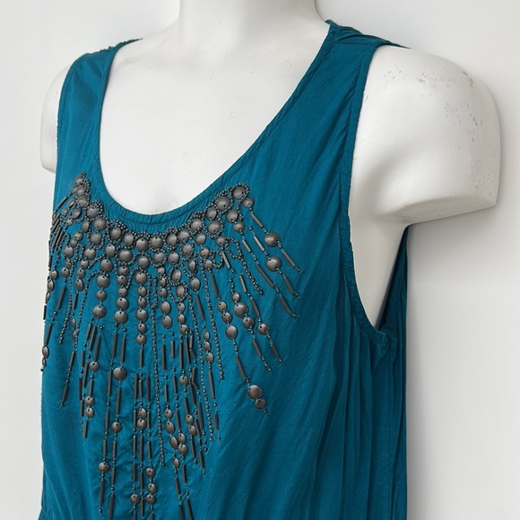 DKNY silky beaded tank, teal blue top green, Tank Top, sleeveless, beaded top - Picture 7 of 9